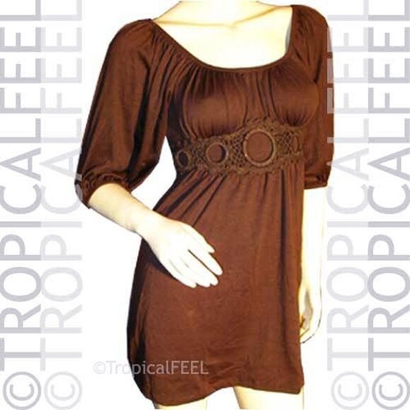 New Y2K Womens Tunic Top Blouse S Empire Waist Square Neck Boho Princess Brown - Picture 5 of 6